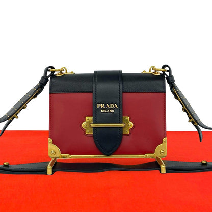 Prada Cahier Logo Leather Shoulder Bag Pochette Crossbody Red Black