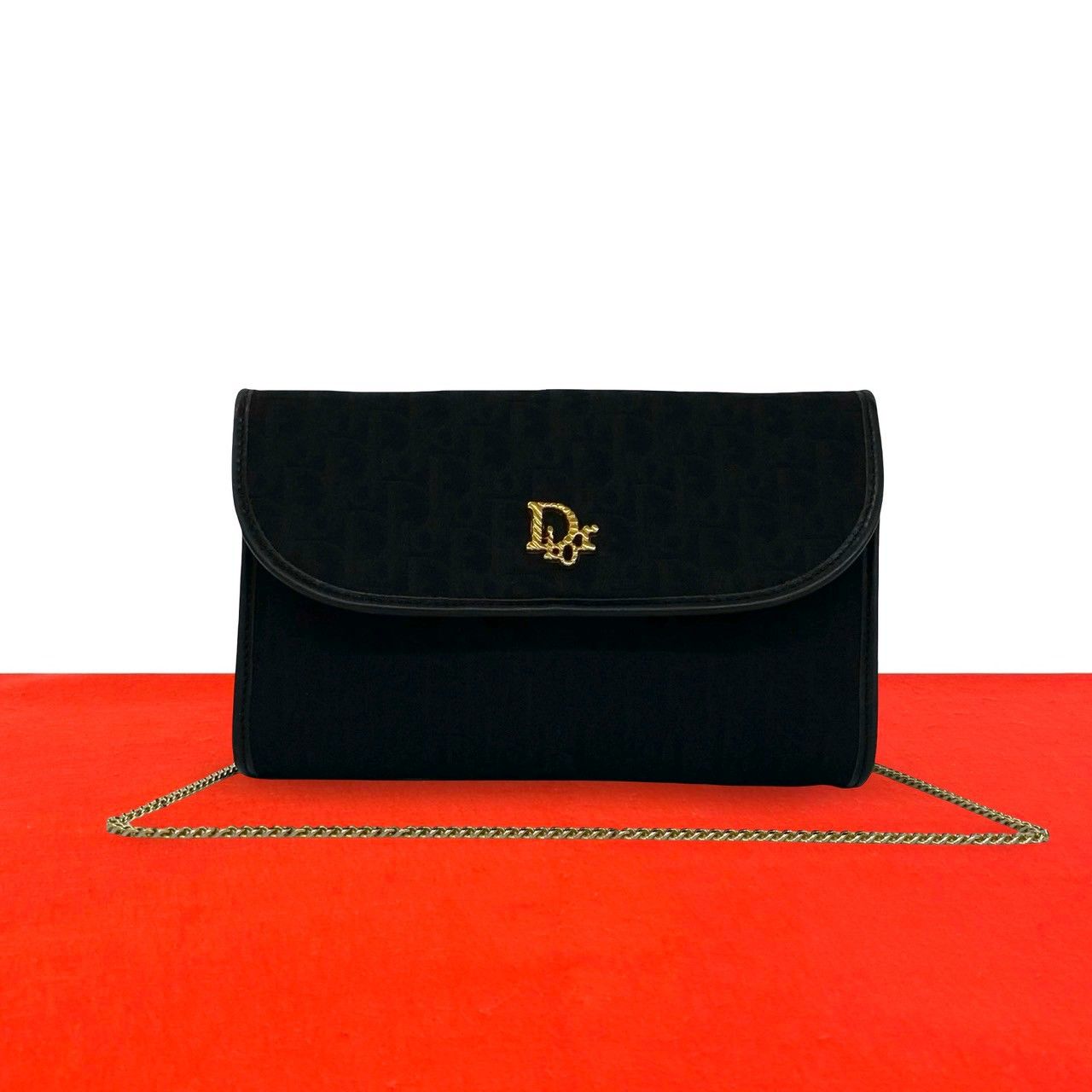 Dior Logo Trotter Pattern Canvas Leather Shoulder Bag Pochette Black