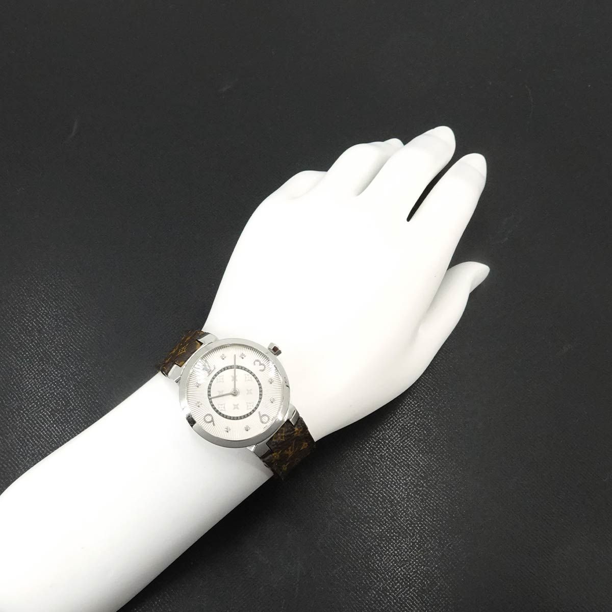 Louis Vuitton Tambour Monogram Watch Diamond Silver Quartz — view 3