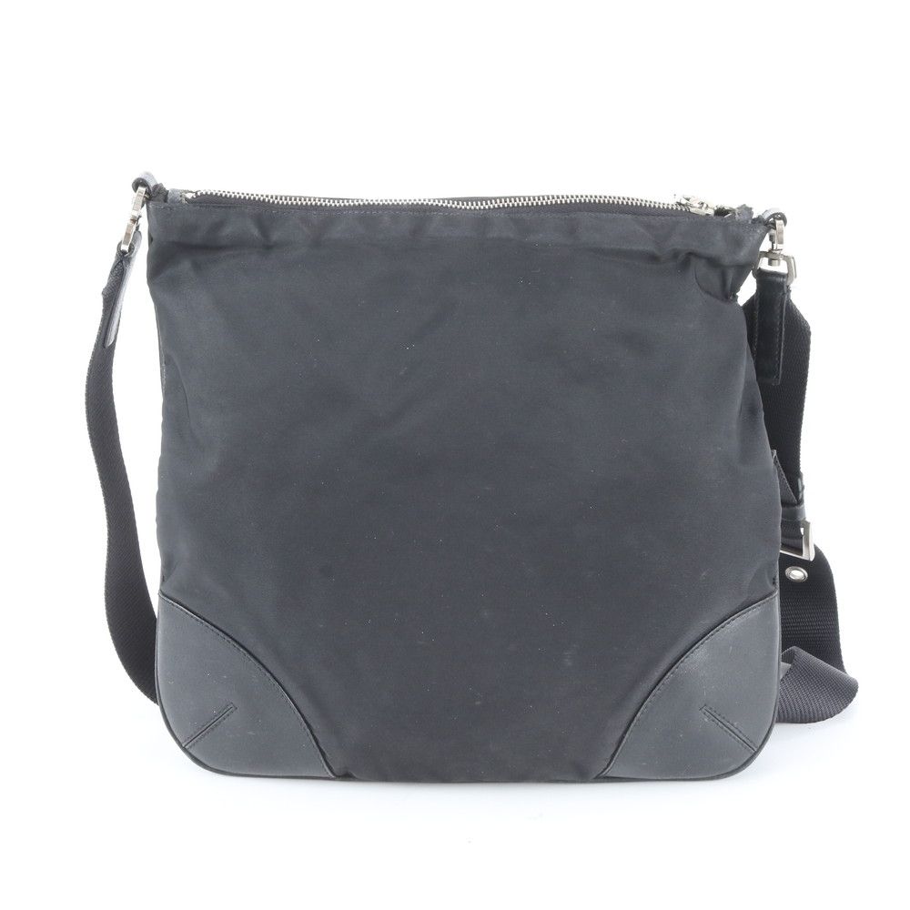Prada Tessuto Nylon Triangle Logo Leather Shoulder Bag Crossbody Messenger Black — view 3