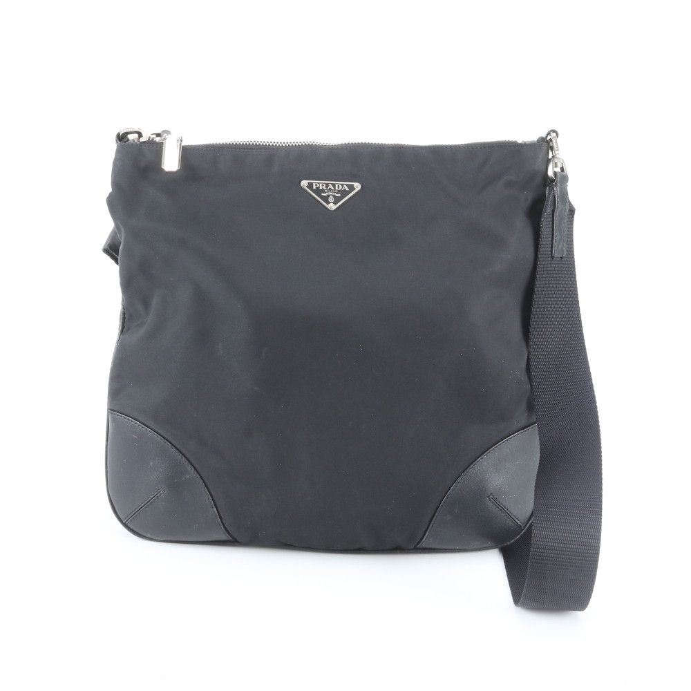 Prada Tessuto Nylon Triangle Logo Leather Shoulder Bag Crossbody Messenger Black