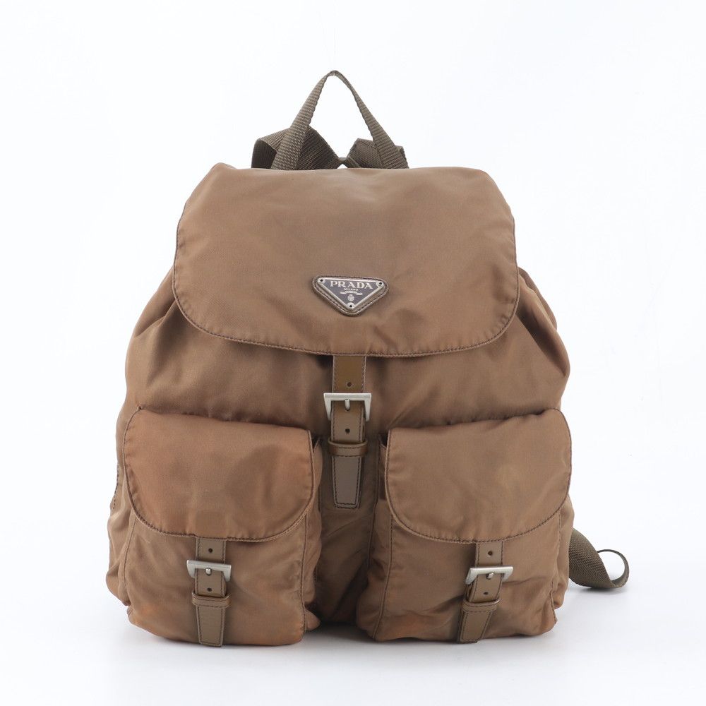Prada Tessuto Nylon Triangle Logo Leather Backpack Brown