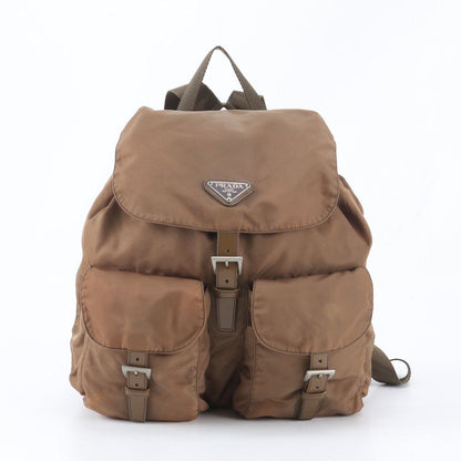 Prada Tessuto Nylon Triangle Logo Leather Backpack Brown