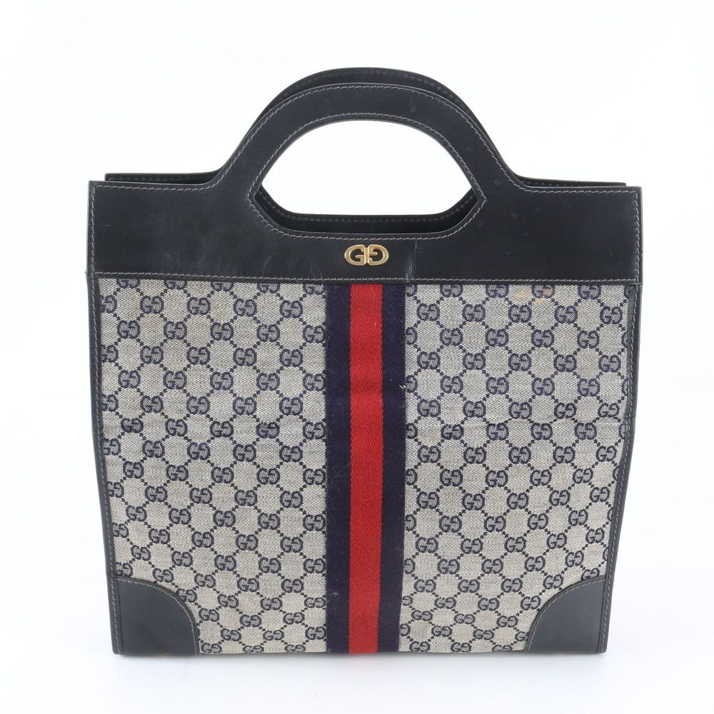 Gucci GG Canvas Leather Handbag Tote Navy