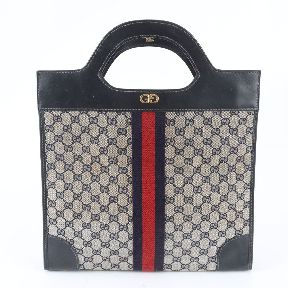 Gucci GG Canvas Leather Handbag Tote Navy — view 3