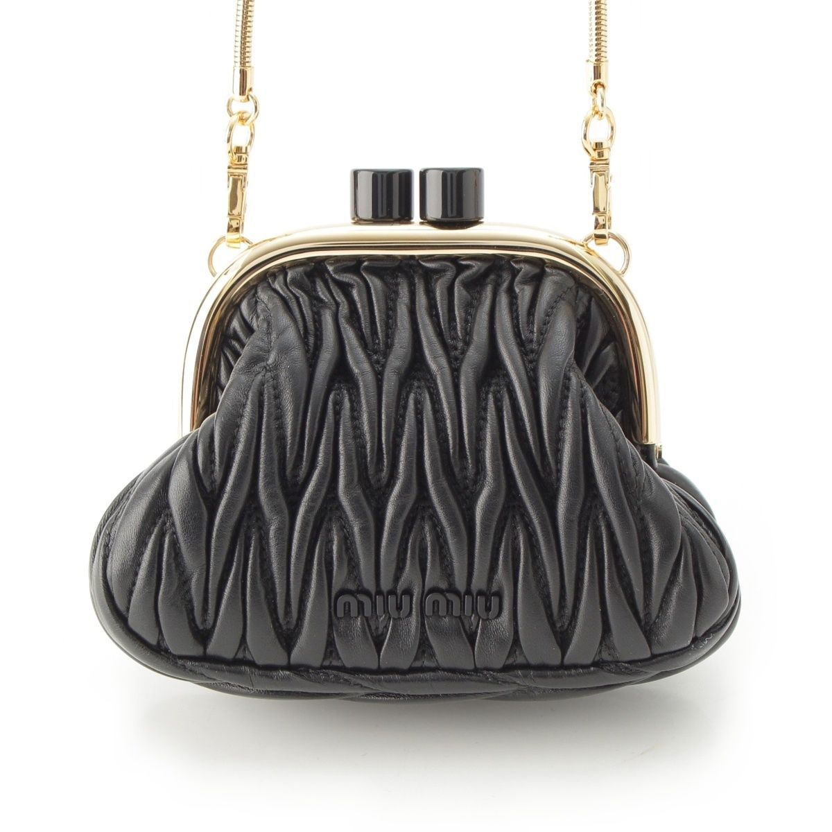 Miu Miu Leather Matelasse Kiss Lock Chain Shoulder Bag Miu Bell Black