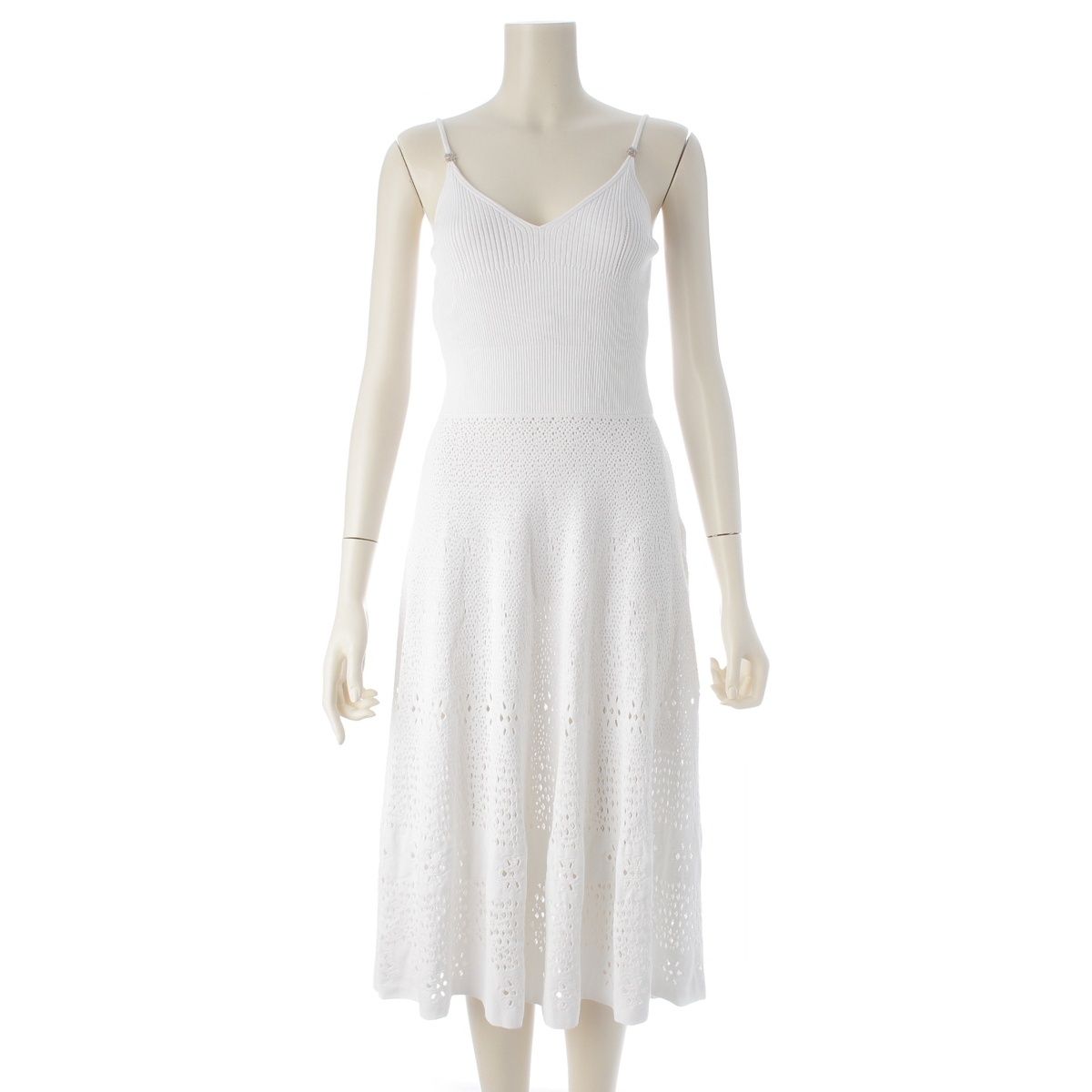 Chanel CC Logo Rhinestone Flower Knit Dress White 36