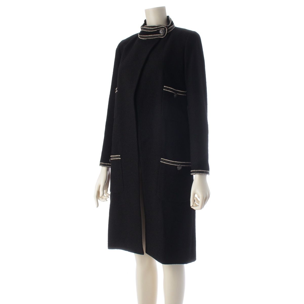 Chanel 14C Wool Chain Trim Coco Buttons Long Coat Black 34 — view 2