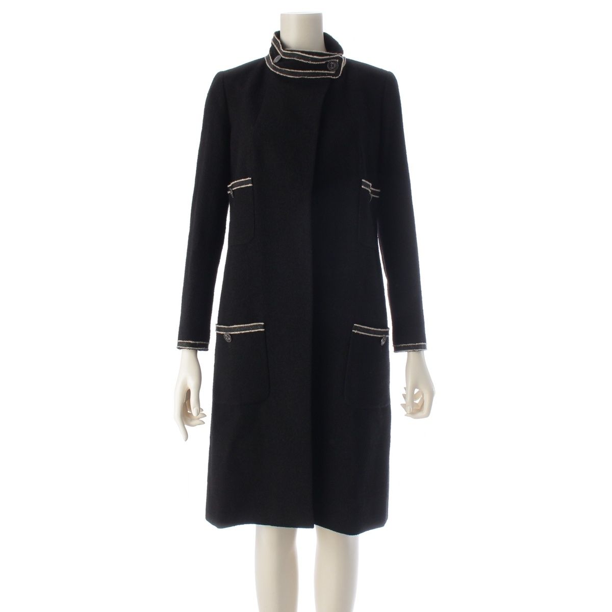Chanel 14C Wool Chain Trim Coco Buttons Long Coat Black 34