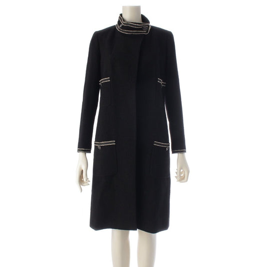 Chanel 14C Wool Chain Trim Coco Buttons Long Coat Black 34