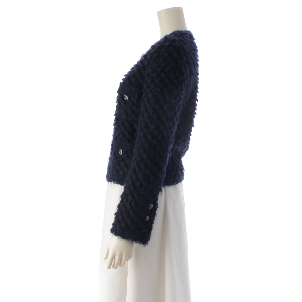 Chanel Mohair Nylon Little Black Shaggy Collarless Jacket Navy 34 — view 3