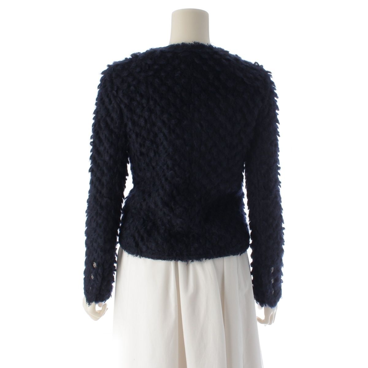 Chanel Mohair Nylon Little Black Shaggy Collarless Jacket Navy 34 — view 4