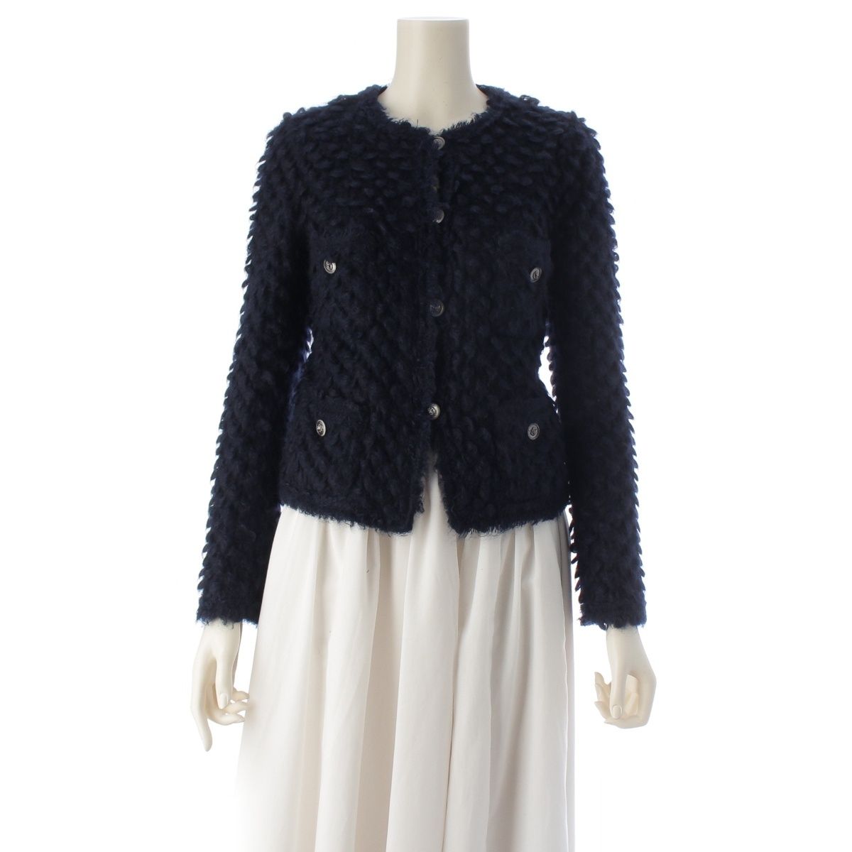 Chanel Mohair Nylon Little Black Shaggy Collarless Jacket Navy 34