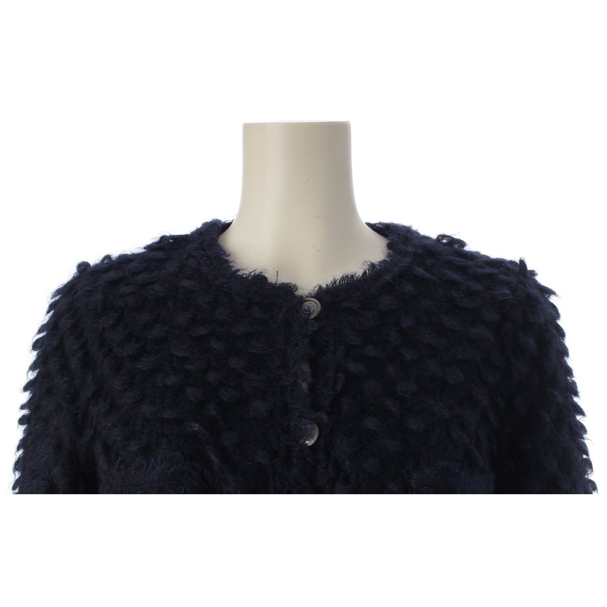 Chanel Mohair Nylon Little Black Shaggy Collarless Jacket Navy 34 — view 5