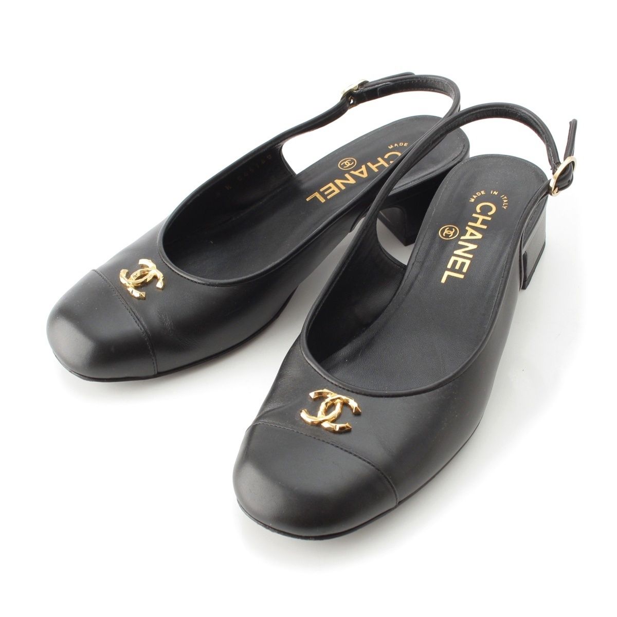 Chanel Calfskin CC Logo Sling Back Pumps Black Heel