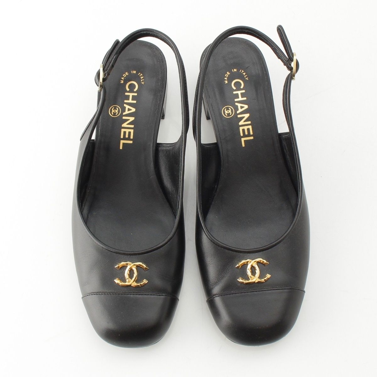 Chanel Calfskin CC Logo Sling Back Pumps Black Heel — view 2
