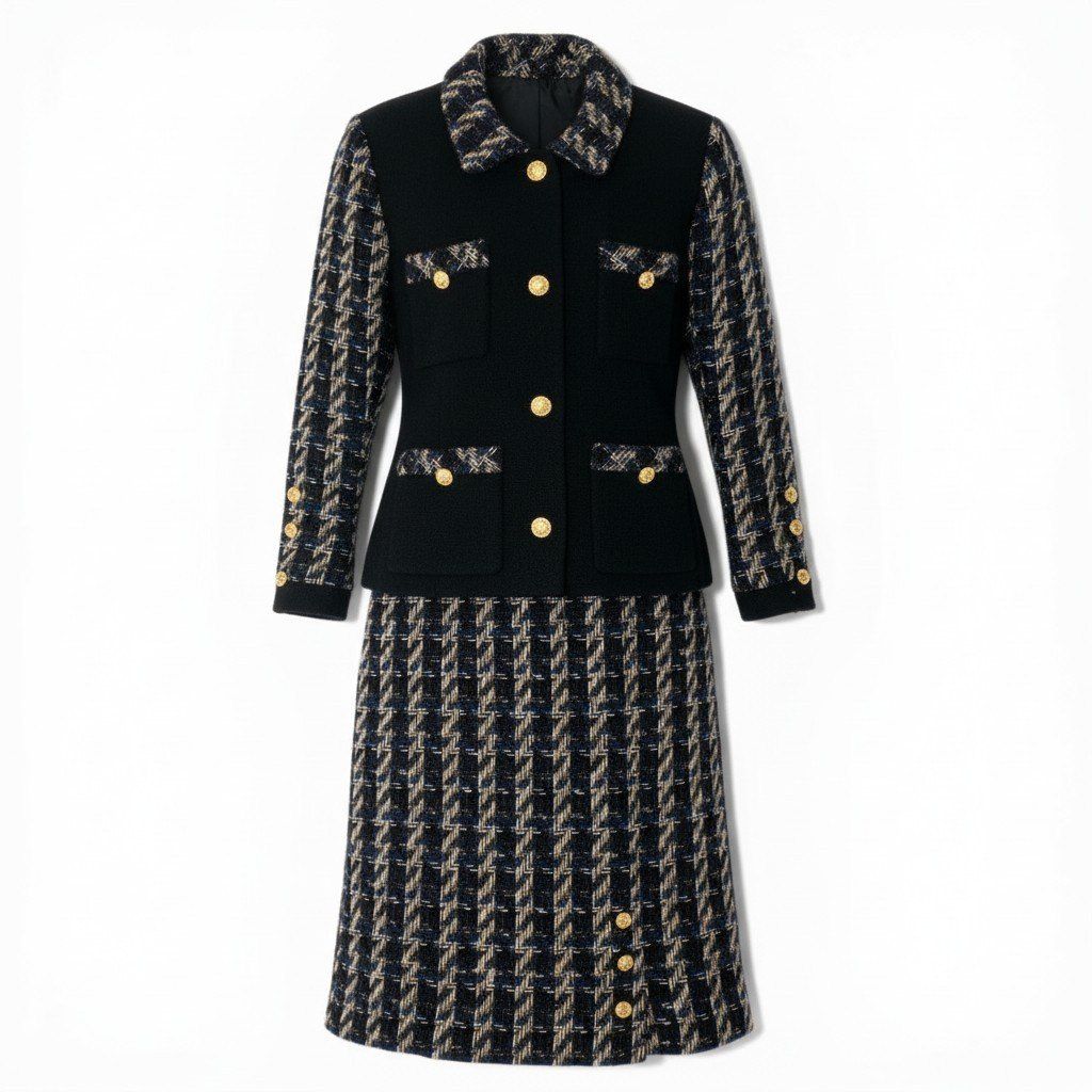 Chanel 90S C Vintage Tweed Skirt Jacket & Set CC Logo Gold Button