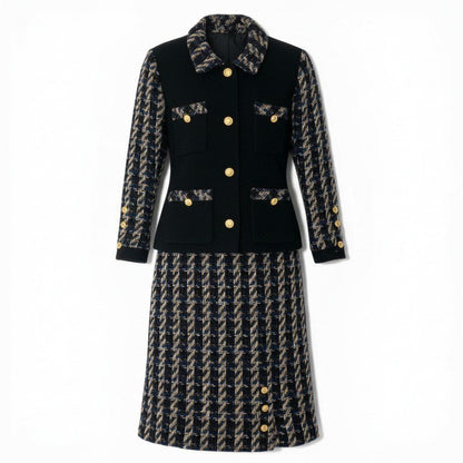 Chanel 90S C Vintage Tweed Skirt Jacket & Set CC Logo Gold Button