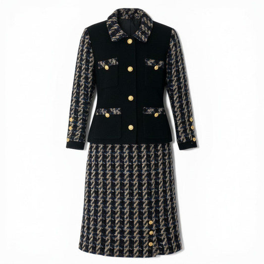 Chanel 90S C Vintage Tweed Skirt Jacket & Set CC Logo Gold Button