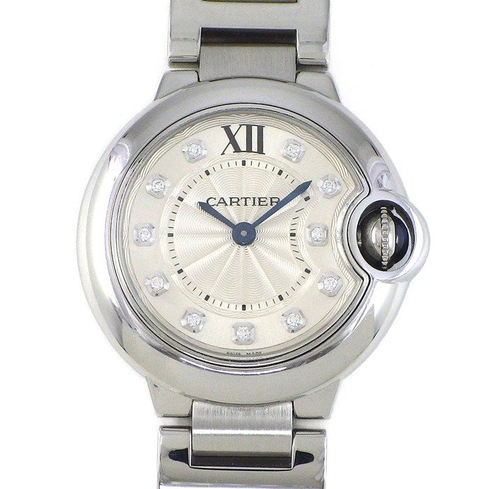 Cartier Watch Ballon Bleu SM Diamond Index Guilloche Silver Dial SS Quartz