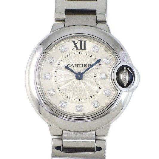 Cartier Watch Ballon Bleu SM Diamond Index Guilloche Silver Dial SS Quartz