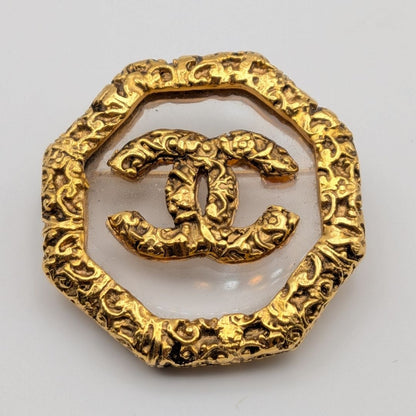 Chanel Brooch CC Logo Lava Gold Clear Vintage
