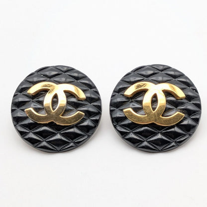 Chanel Earrings CC Logo Quilted Gold Black Round First Era Vintage