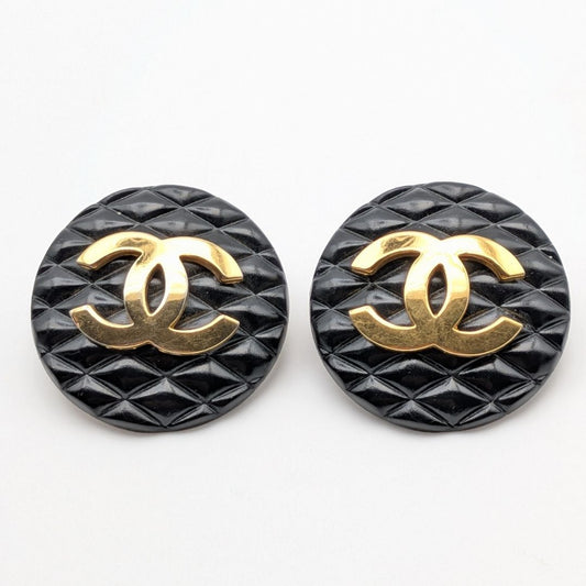 Chanel Earrings CC Logo Quilted Gold Black Round First Era Vintage
