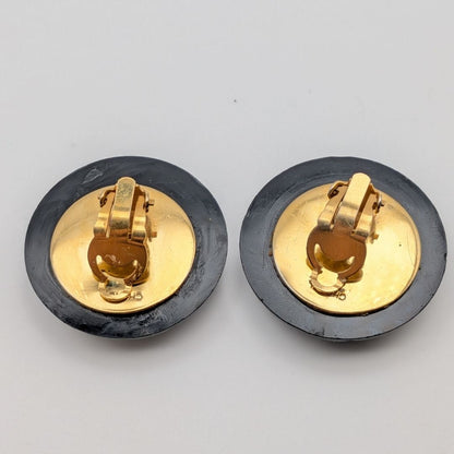Chanel Earrings CC Logo Quilted Gold Black Round First Era Vintage — view 4