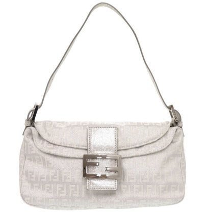 Fendi Zucchino Mamma Bucket Shoulder Canvas Leather Silver Bag