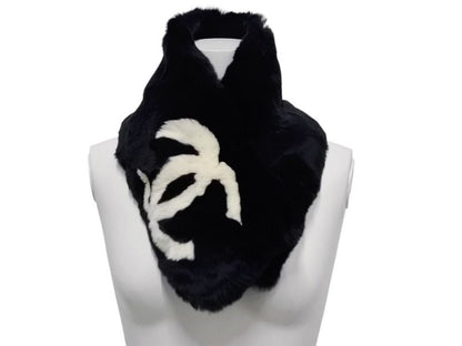 Chanel Big CC Logo Rabbit Neck Warmer Scarf Black White — view 8