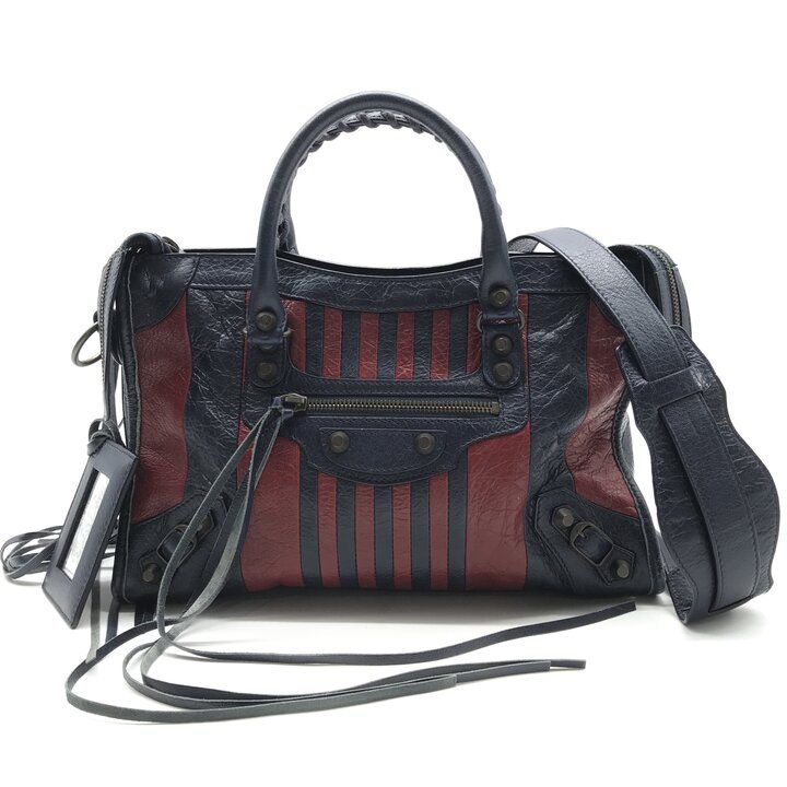 Balenciaga Classic City Stripe Leather Shoulder Hand 2-Way Bag Navy