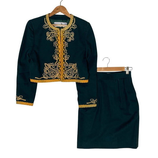 Saint Laurent Vintage Wool Rope Napoleon Collarless Jacket Skirt Set S Green M