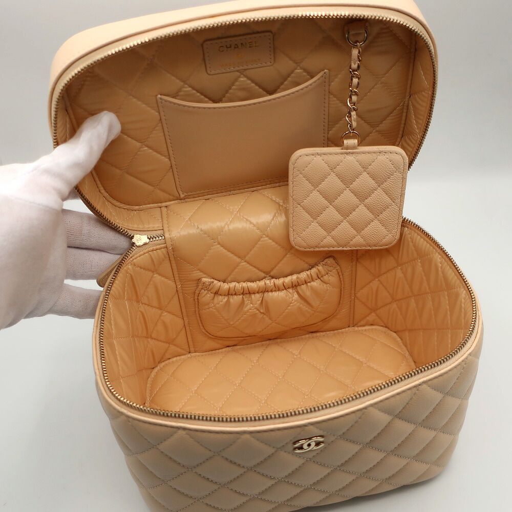 Chanel Vanity Beige Gold Caviar Leather CC Logo Makeup Pouch — view 7