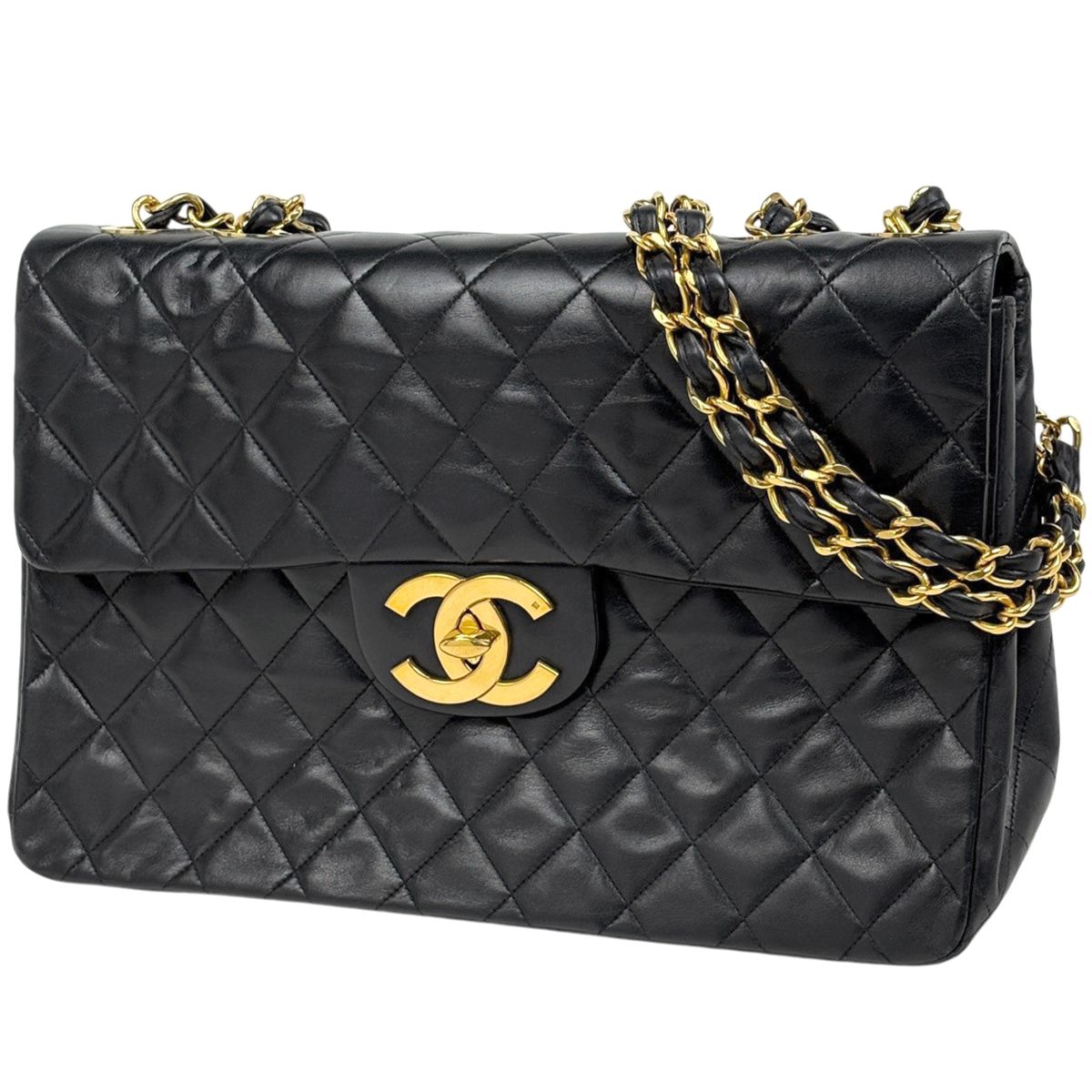 Chanel Big Quilted Shoulder Bag CC Logo Single Flap Chain Leather Black