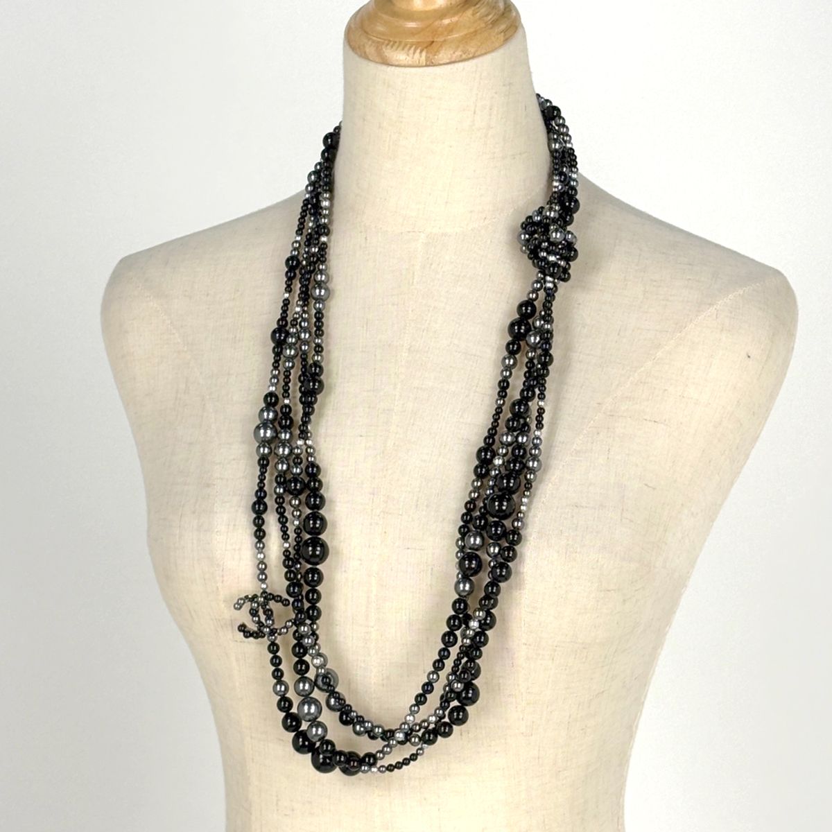 Chanel Necklace CC Logo Faux Pearl Metal Black Silver — view 6