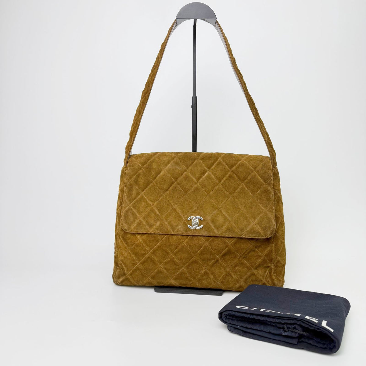 Chanel CC Logo Quilted Flap Shoulder Bag Suede Camel Brown Silver Seal Vintage