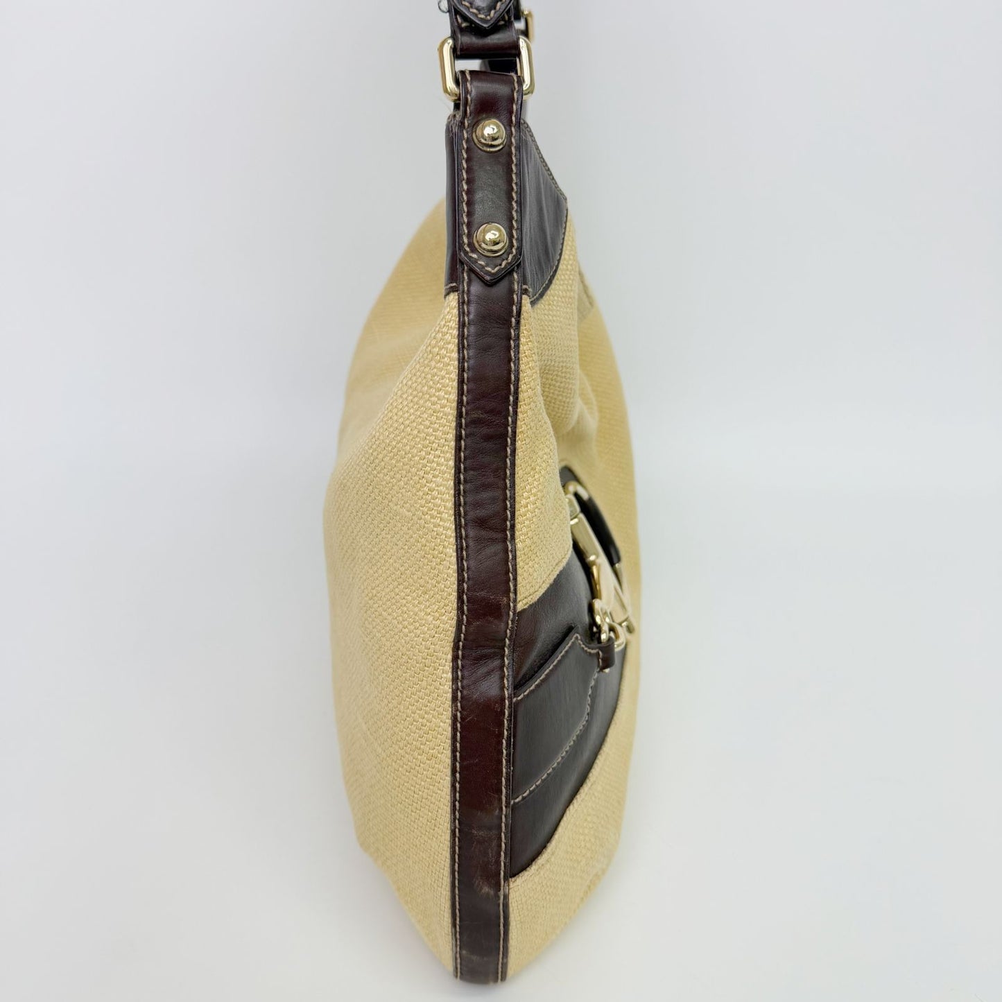 Gucci Horsebit Canvas Hobo Shoulder Bag Beige Brown Gold Vintage — view 5