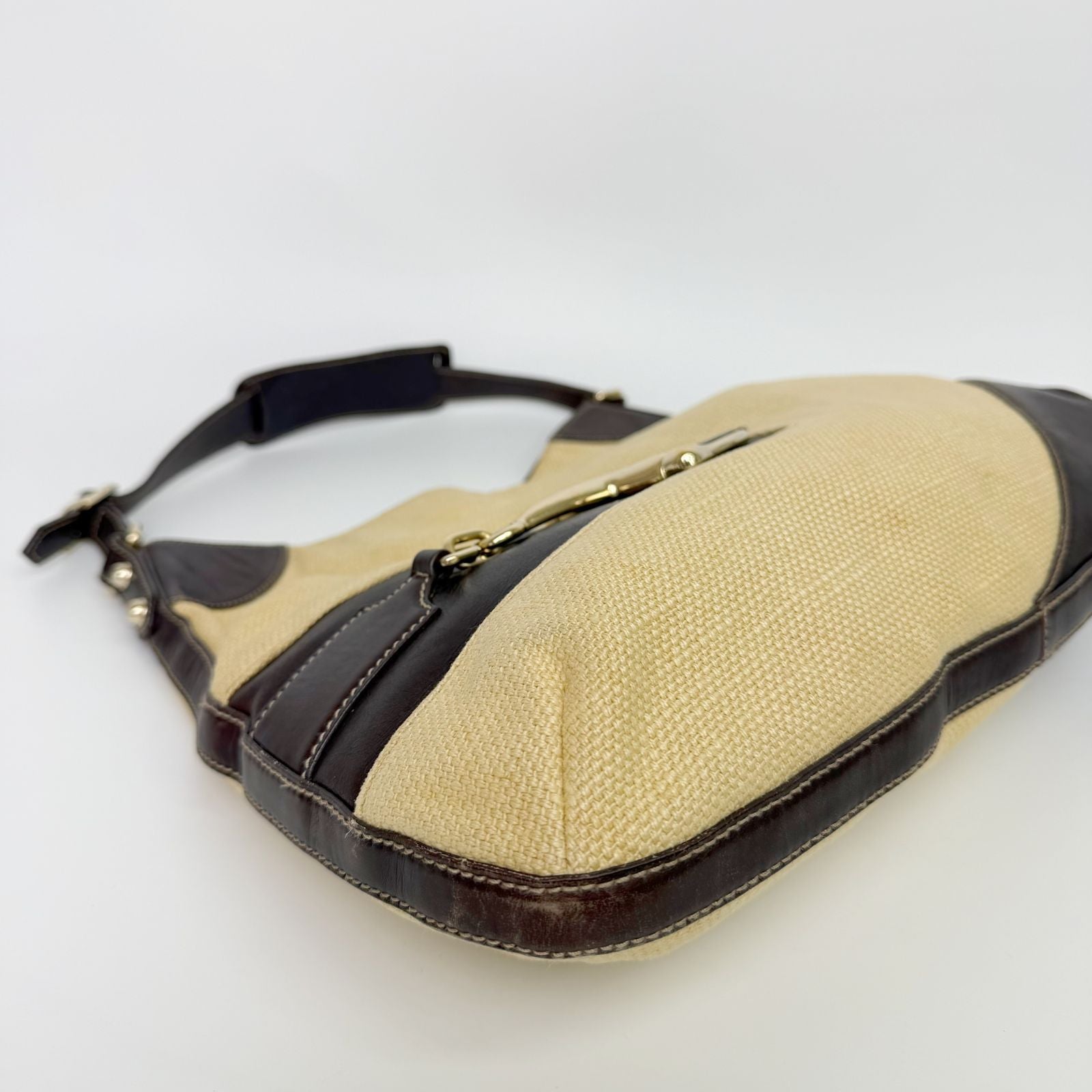 Gucci Horsebit Canvas Hobo Shoulder Bag Beige Brown Gold Vintage — view 7