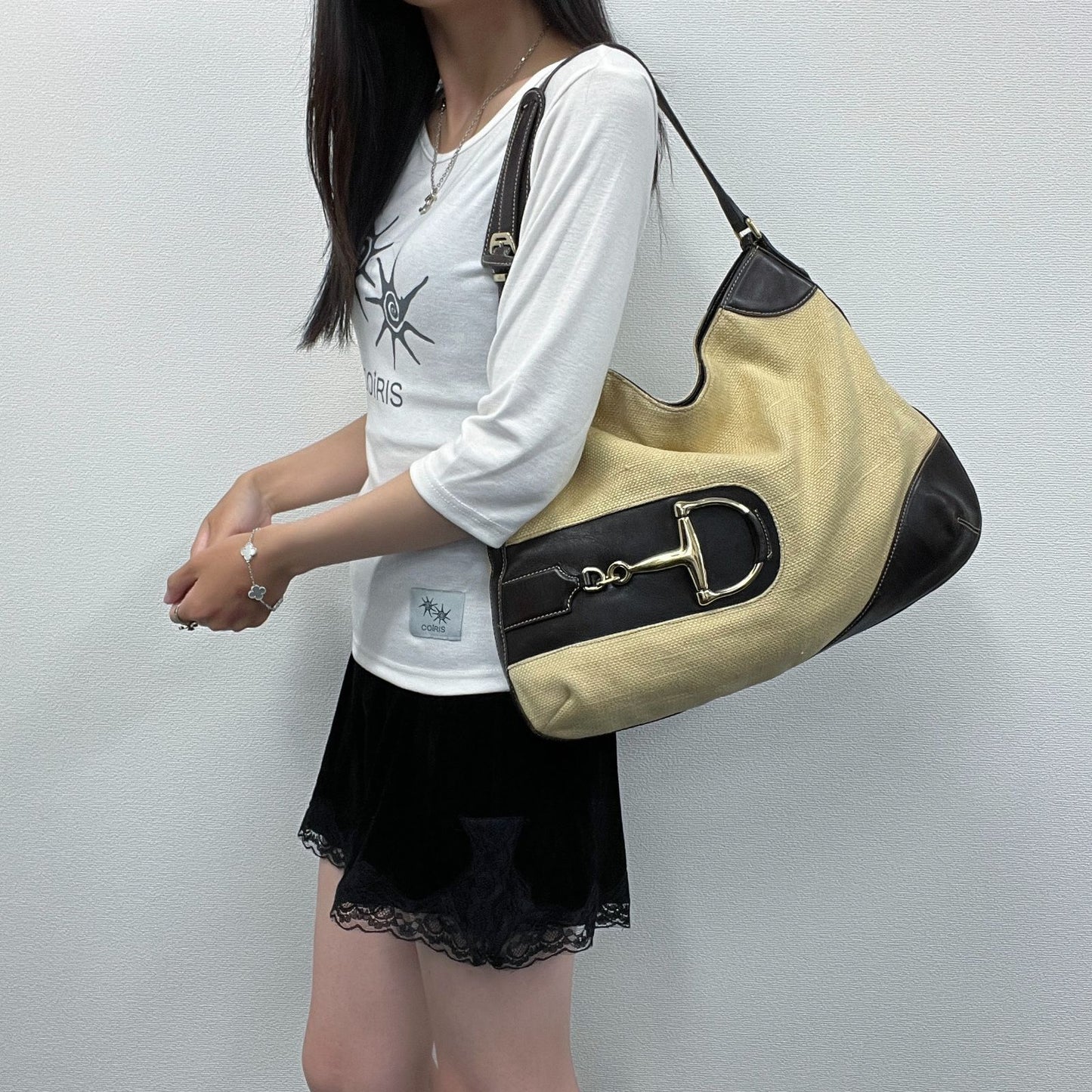 Gucci Horsebit Canvas Hobo Shoulder Bag Beige Brown Gold Vintage