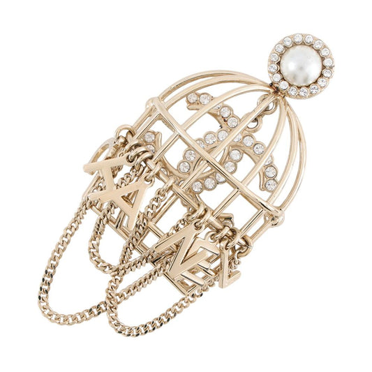 Chanel Brooch Birdcage CC Logo Rhinestone Faux Pearl