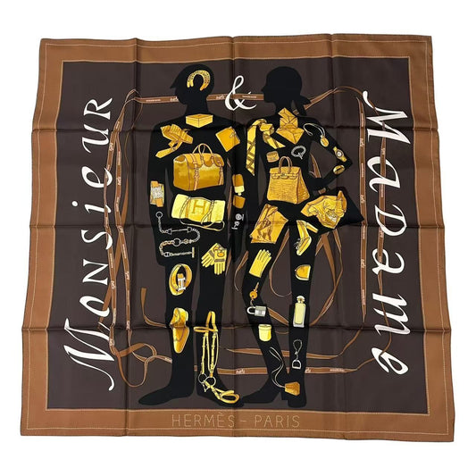 Hermes Scarf Carre 90 Monsieur Et Madame & All Over Print Brown