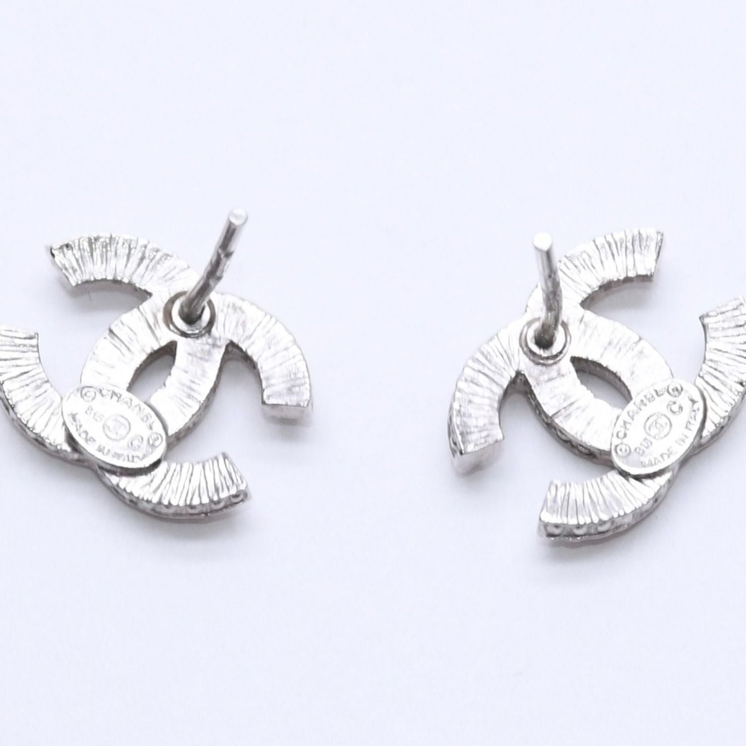 Chanel CC Logo Earrings 15 Rhinestone Metal Silver Clear — view 6