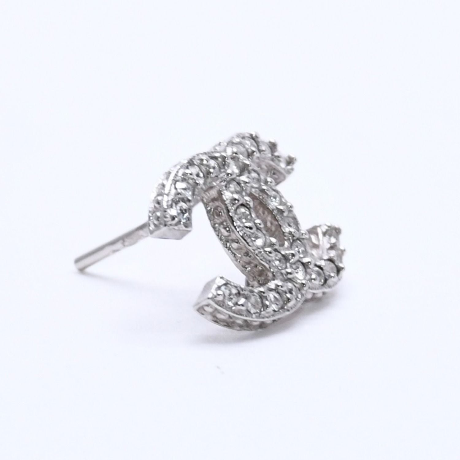 Chanel CC Logo Earrings 15 Rhinestone Metal Silver Clear — view 3