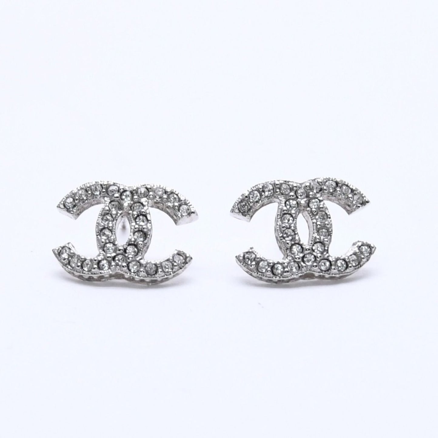 Chanel CC Logo Earrings 15 Rhinestone Metal Silver Clear
