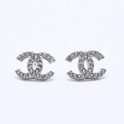 Chanel CC Logo Earrings 15 Rhinestone Metal Silver Clear