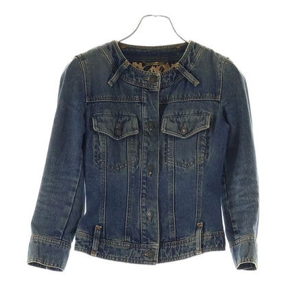Dolce & Gabbana Collarless Lined Leopard Denim Jacket Indigo