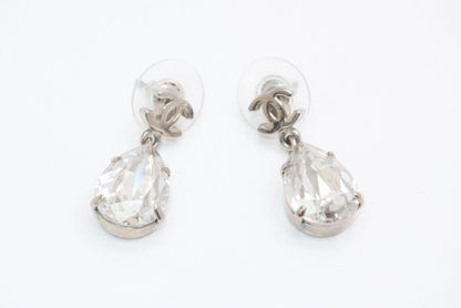 Chanel CC Logo Drop Shape Large Rhinestone Earrings Metal