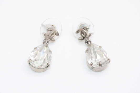 Chanel CC Logo Drop Shape Large Rhinestone Earrings Metal