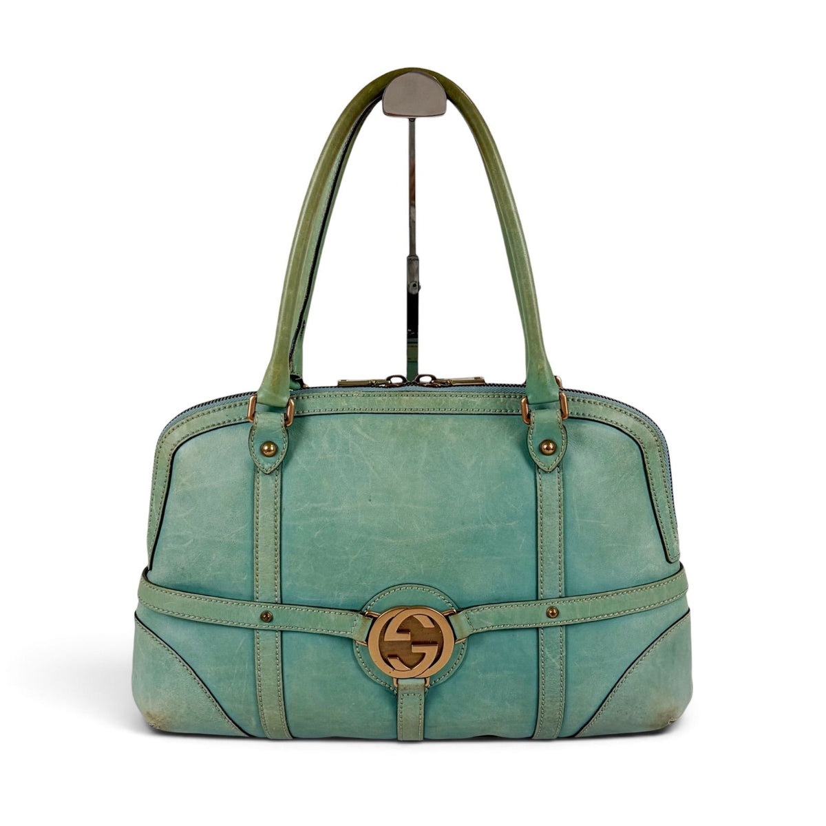 Gucci Interlocking G Leather Hand Bag G Handbag Turquoise Blue